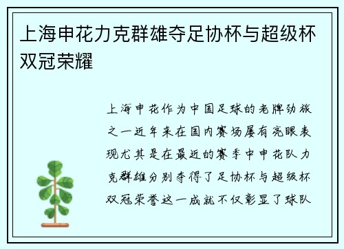 上海申花力克群雄夺足协杯与超级杯双冠荣耀 上海申花力克群雄夺足协杯与超级杯双冠荣耀