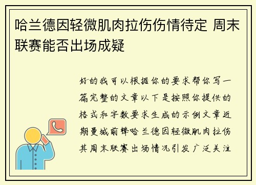 哈兰德因轻微肌肉拉伤伤情待定 周末联赛能否出场成疑 哈兰德因轻微肌肉拉伤伤情待定 周末联赛能否出场成疑